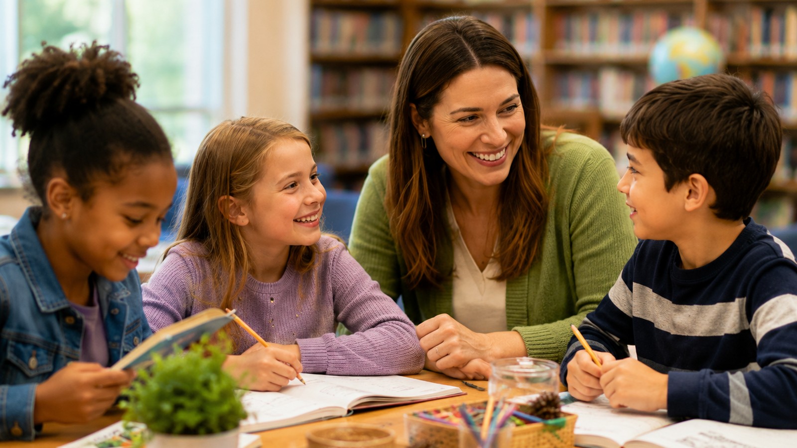 Preteens and teens talking together in a library learning space.