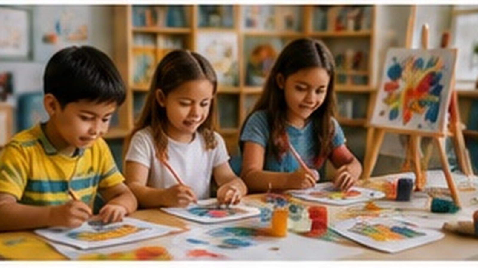 Children making colorful art together at a classroom table.