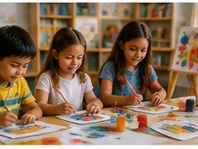 Children making colorful art together at a classroom table.