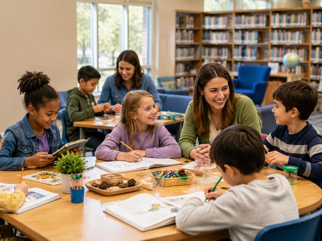 School-age learners collaborating together in a library setting.