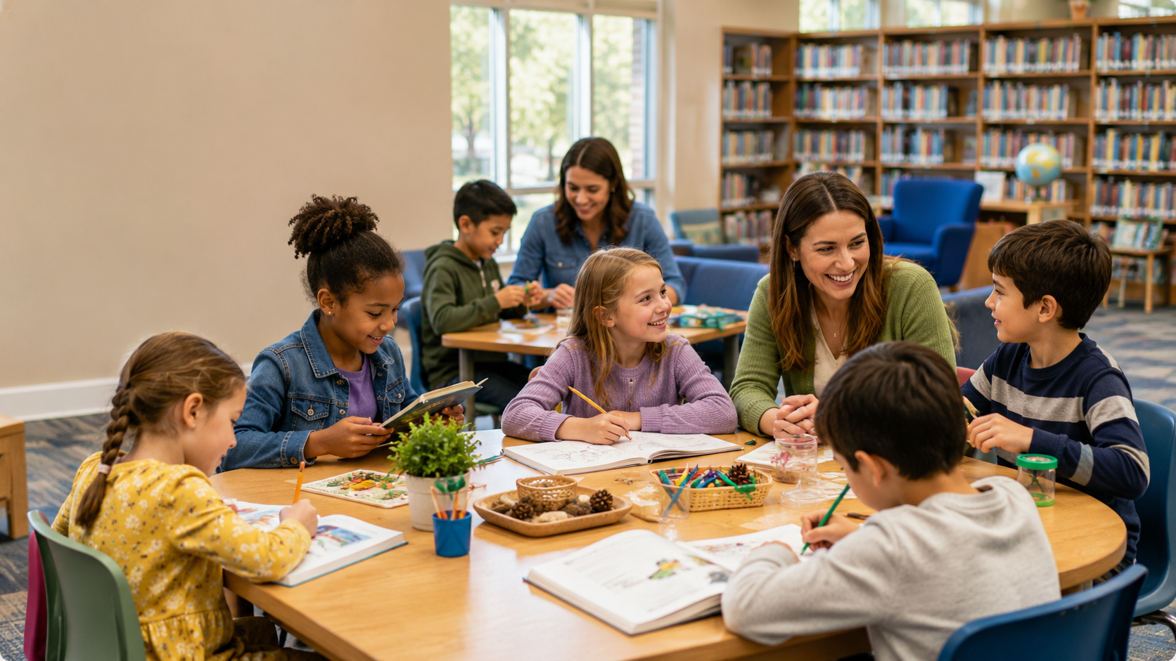 Students collaborating around a table in a bright library.